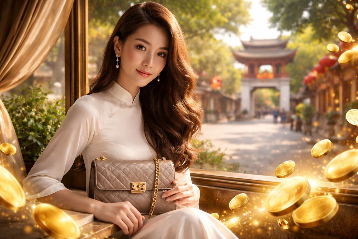Phụ nữ áo dài truyền thống tại Hà Nội kiểm tra ưu đãi hoàn tiền cá cược trên điện thoại