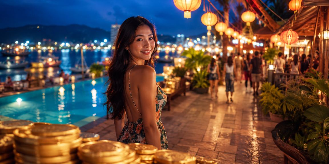 Cảnh chợ đêm Vũng Tàu với người dùng tham gia cá cược trực tuyến qua điện thoại